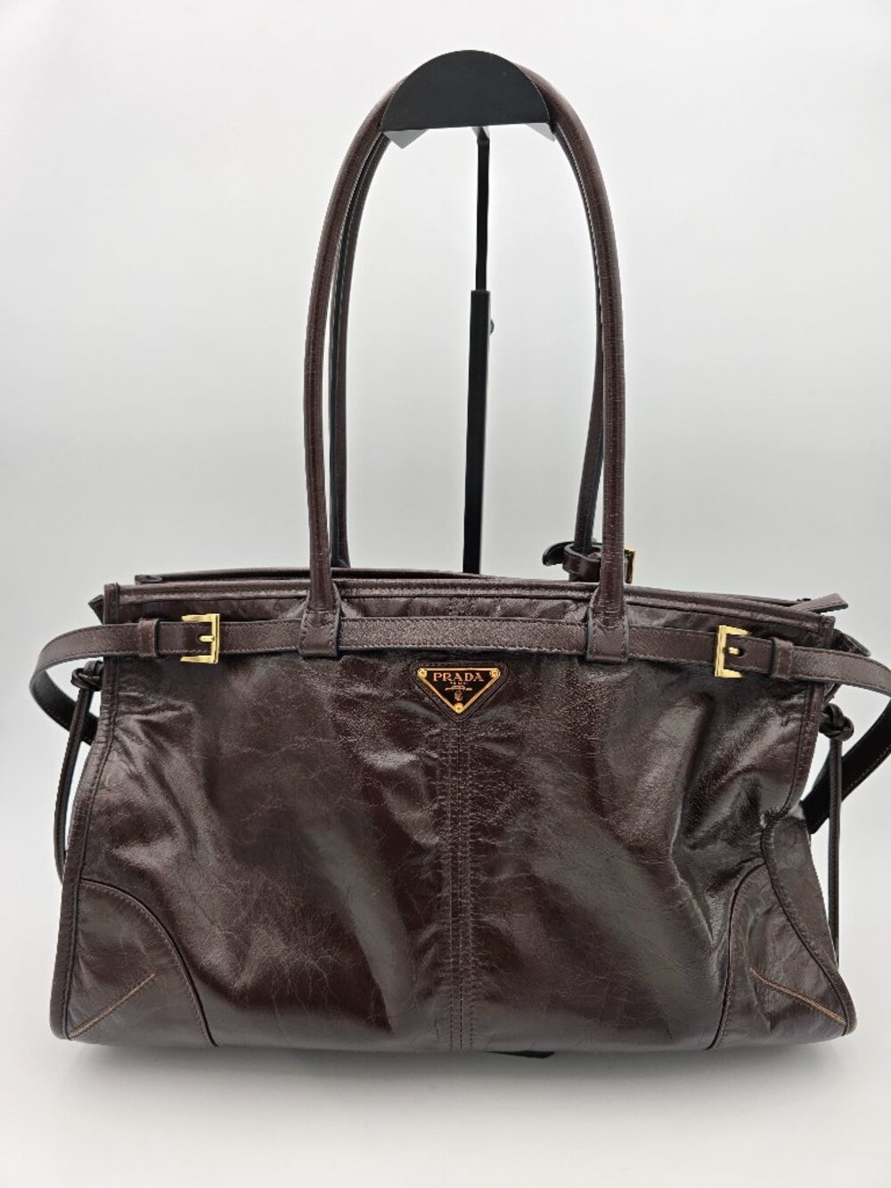 Prada Bonnie Large Leather Handbag in Dark Brown